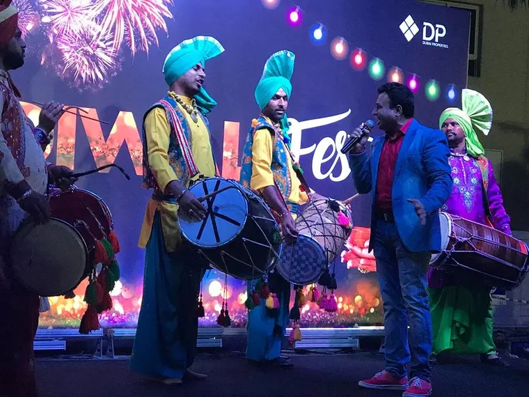 Dhol drummers performing at a Diwali festival