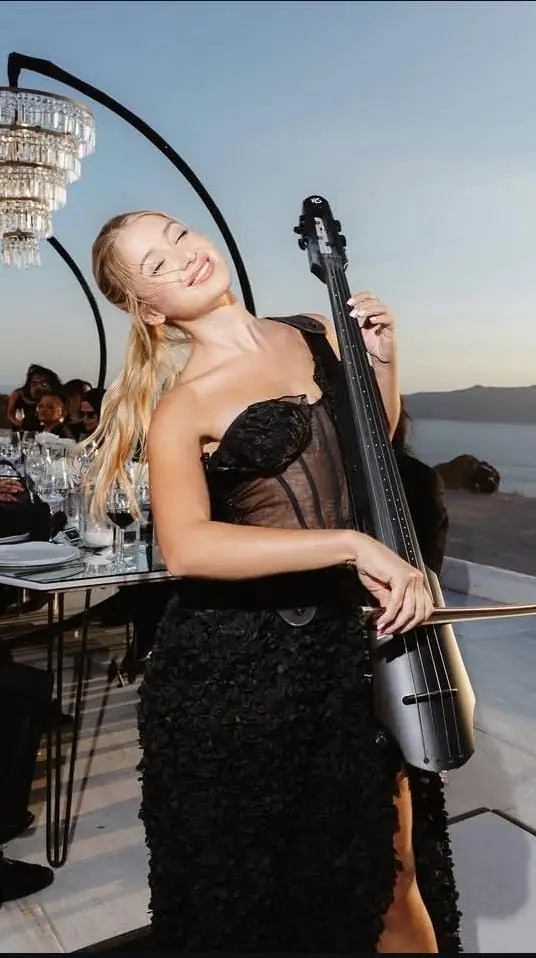 Electric cellist performing at a sunset dinner